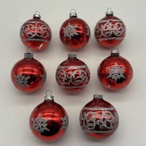 8- Vintage  Mercury Glass stencil ornament mica glitter red Silver Round